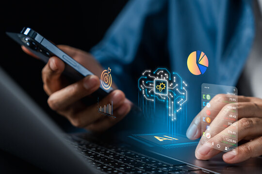 AI technology stock market cycle investing. Man analyzing semiconductor CPU and memory price data on smartphone and laptop for portfolio growth.