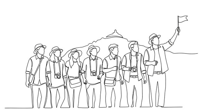 Tourists Group Following Leader with Flag on Mountain Background