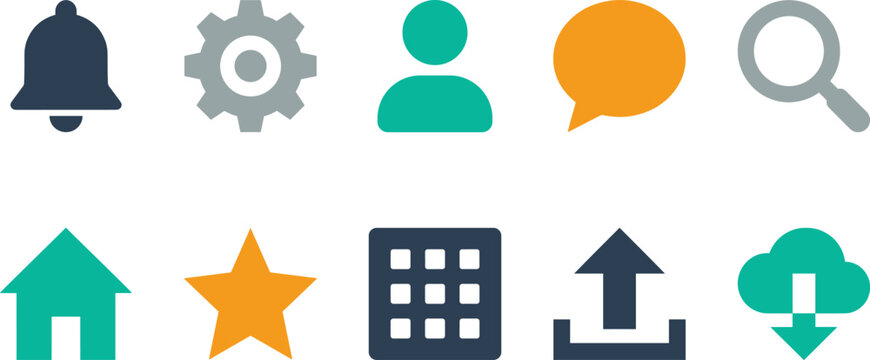 Essential user interface icon set featuring notification bell gear settings profile avatar chat bubble and search magnifying glass for mobile app design.