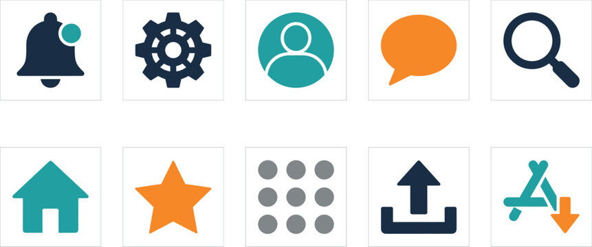 Essential user interface icon set featuring notification bell gear settings profile avatar chat bubble and search magnifying glass for mobile applications.