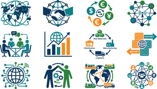 Global business and logistics icon set featuring international trade world maps supply chain management and currency exchange for global commerce.