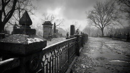 Obraz premium Haunted cemetery landscape with snow, fog, and mossy stones in monochrome