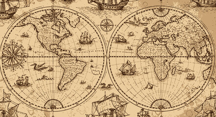 Fototapeta premium Vintage world map with old sailing ships and navigation tools