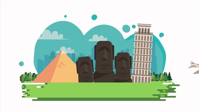 Animated travel and tourism concept with world famous landmarks and plane flying across screen.
