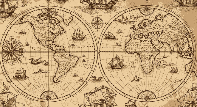 Vintage world map with old sailing ships and navigation tools