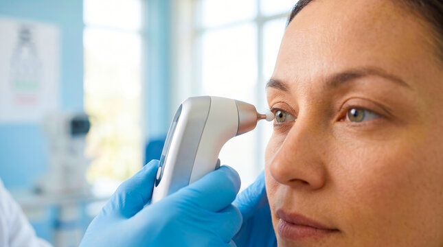 Optometrist performing rebound tonometry on female patient in eye clinic