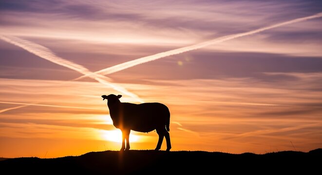 Sheep silhouette stands against vibrant sunset with contrails in sky.