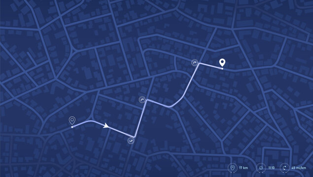 Dark blue map interface showing running route with distance and time stats