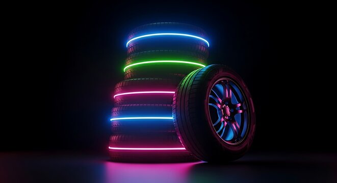 Glowing Car Tires Stacked with Neon Light Rings on Dark Studio Background