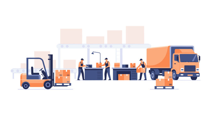 Warehouse forklift operations with workers and pallets.