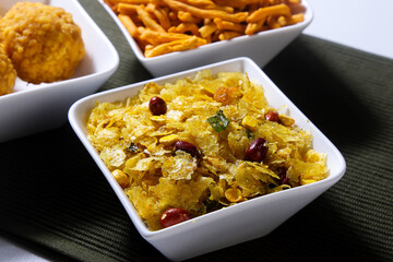 Indian most popular Diwali festival snacks Bundi Ladoo Sev or Shev and Chivda  © Chandrakant