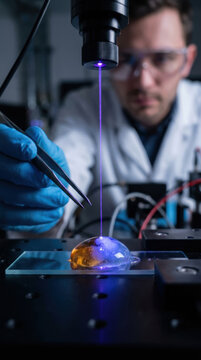 R&D Engineer, Scientist using laser technology on resin hardening under controlled lab conditions