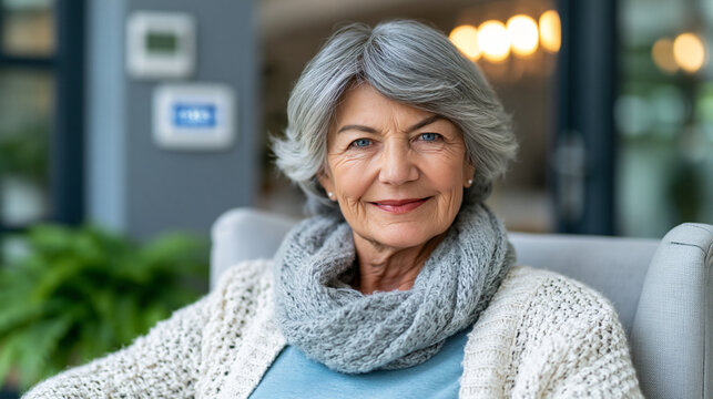 Elderly woman uses a voice command to adjust smart home lighting and lock the front door from her armchair, a medical reminder chime visible on the wall display, perfect for smart senior living, agi
