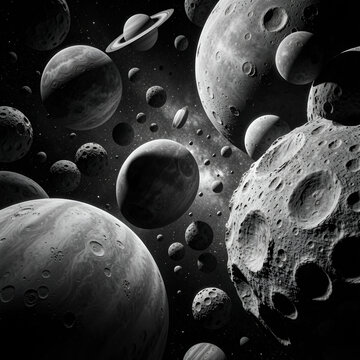 dramatic monochrome scene of a lifeless, crowded cosmos, scattered jagged asteroids among barren planets and small dead moons