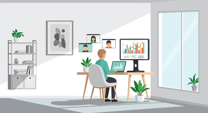Remote worker, office workspace, modern interior, business productivity, home office