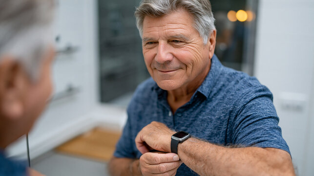Retired man adjusts a fall-detection wristband in the mirror of a modest bathroom, his reflection showing calm determination, a grab bar and non-slip mat visible in the frame, perfect for senior saf