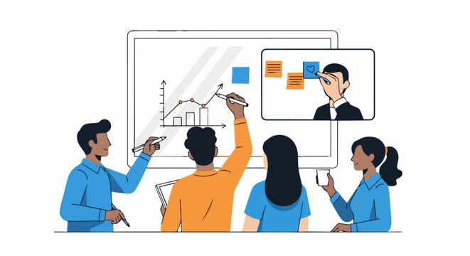 Business Team Collaborating on Digital Whiteboard with Remote Colleague, Data Growth Graph and Sticky Notes Concept Illustration