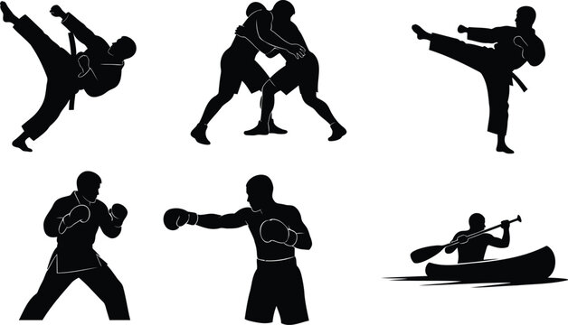 Martial arts and combat sports silhouette vector illustration for karate boxing and rowing.