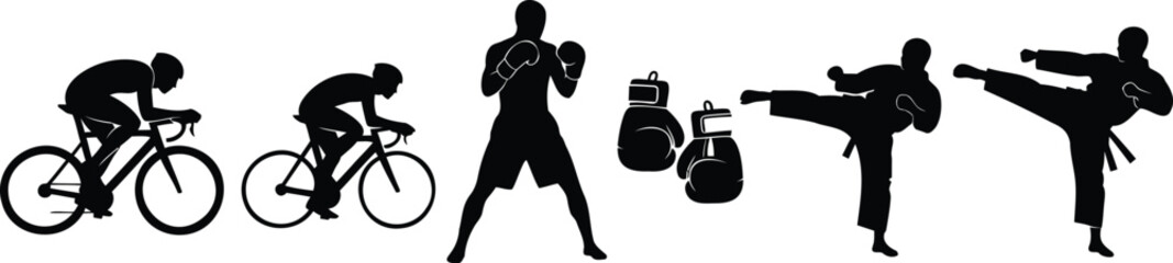 Naklejka premium Various athletes engaged in sports activities, vector silhouette illustration collection.