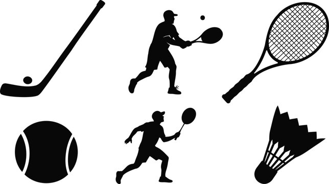 Tennis and badminton sports equipment vector set illustration with athlete line art style.