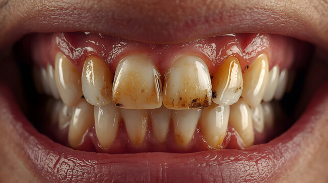 Close-up of a person's mouth showing severely stained and discolored teeth with visible plaque and decay.