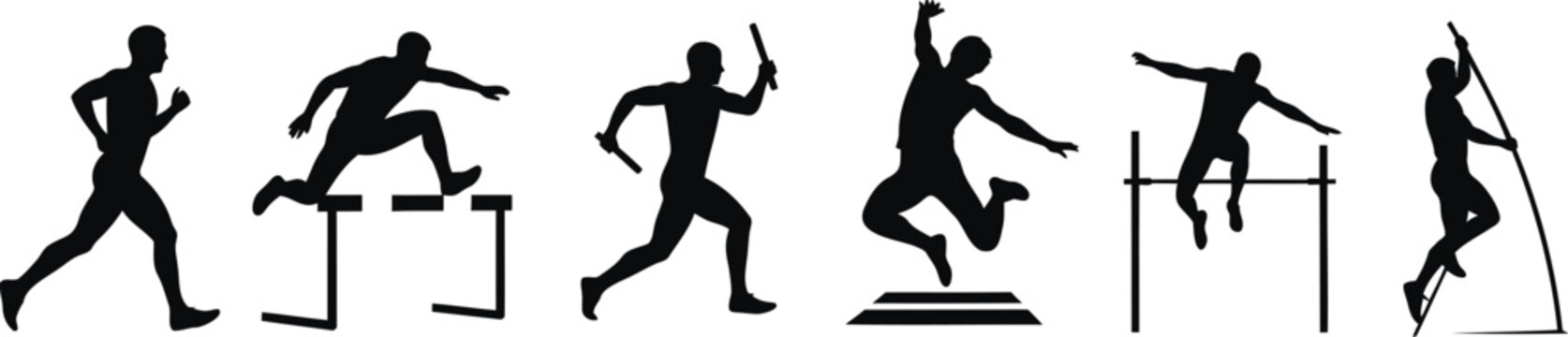 Track and field athletics silhouette vector illustration with runners hurdles and jumpers.