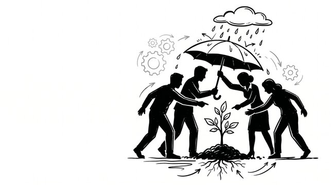 Business team silhouettes protecting a growing plant with an umbrella during rain, symbolizing support for growth and risk management.