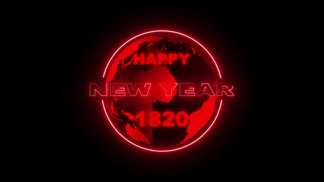 Happy new year 1820 neon globe animation on black background 4K. Futuristic 1820 new year typography with glowing earth sphere.