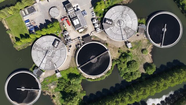 Aerial top down view of a modern wastewater treatment plant
