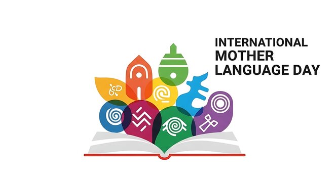 International Mother Language Day colorful book and symbols design.