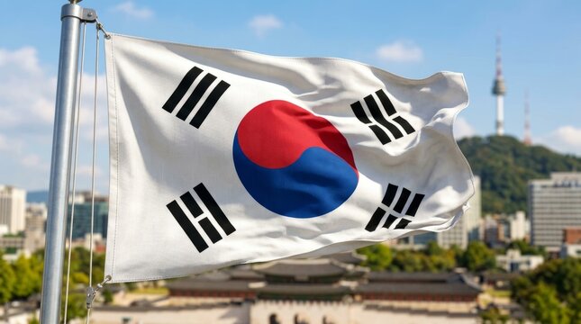 Waving South Korean flag against a cityscape with a distant tower on a clear day.