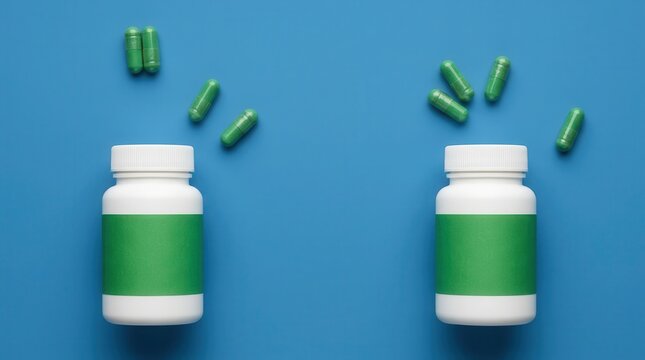 Two white plastic bottles with green labels and scattered green capsules on a blue background, showcasing dietary supplements or vitamins in a clean layout