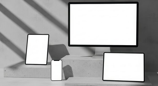 Mock up of multiple digital devices including a smartphone, tablet, and computer monitor with blank screens on a minimalist concrete display