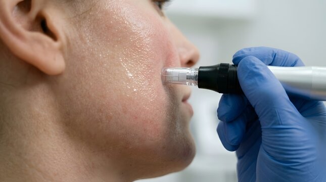 Man undergoing a microneedling cosmetic treatment on his face.