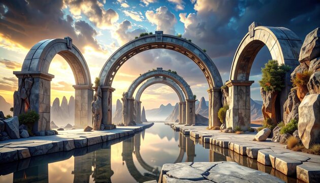 Grand stone arches span a reflective waterway, mountains and sunset in the distance