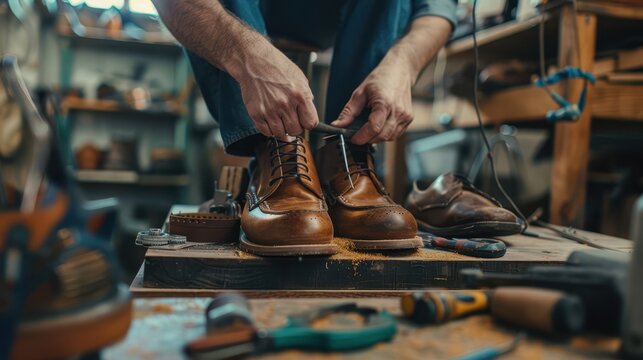 Artisan shoemaker tying shoe laces on custom leather brogue boots in workshop