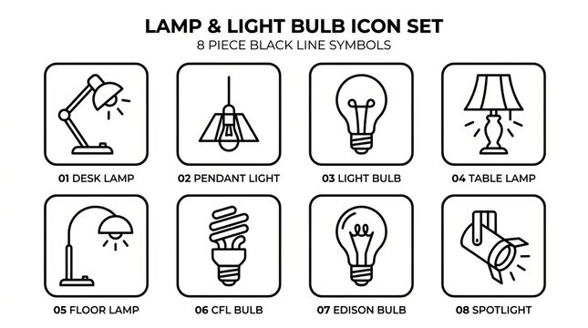 Collection of clean line art icons representing various lamps and light bulbs for design