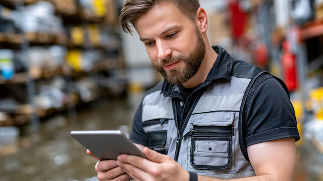 Inventory analyst aftermath moment, surveying flood-damaged stockroom with tablet in hand, photographing water-logged shelving for insurance and restocking triage, ideal for inventory management sys