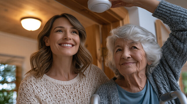 Adult daughter installs a motion sensor above a doorframe while her elderly mother watches from a walker in a sunlit hallway of a modest home, perfect for aging in place, smart home safety, and cont
