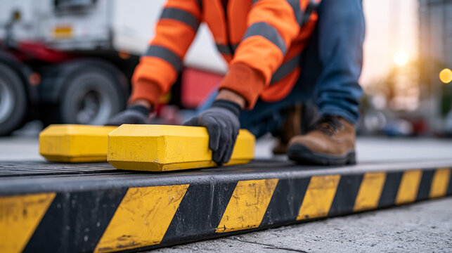 Steel loading dock edge at golden hour, safety marshal placing bright yellow wheel chocks behind refrigerated trailer, solitary figure working with focused precision, perfect for loading dock safety