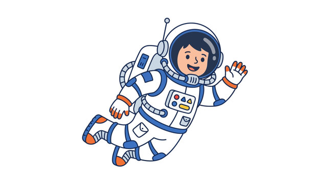 Smiling cartoon astronaut floating in space with spacesuit