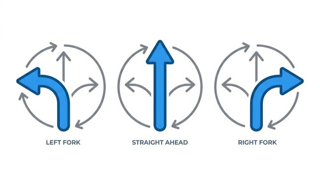 Decision point with arrows indicating left, straight, and right directions, representing choices and pathways.