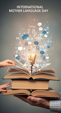 International Mother Language Day concept with open book and floating speech bubbles.