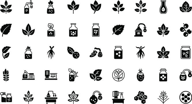 Botanical research icons featuring leaves, glass tincture bottles, and essential oil extracts represent the intersection of nature and pharmaceutical manufacturing.