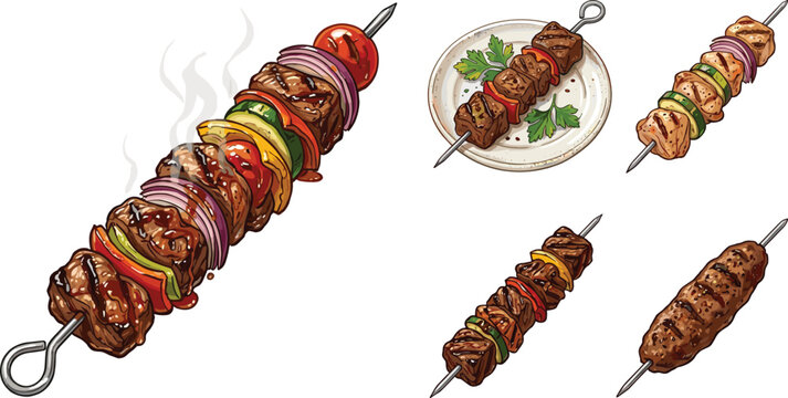 Gourmet Grilled Kebab and Shish Skewer Set with Beef, Chicken, Kofta, and Vegetables Vector Illustration for Barbecue Menus, Mediterranean Cuisine, and Summer Cookout Graphics