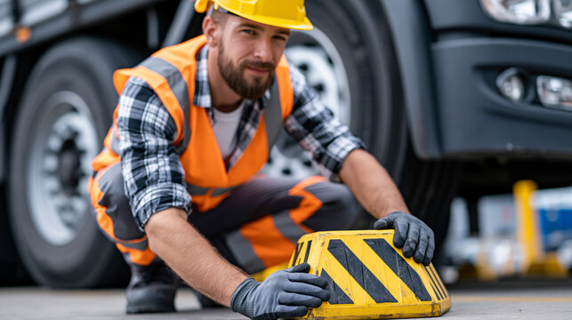 Loading dock safety officer placing portable wheel chock beneath trailer dual rear axle under harsh midday sun, sweat on brow, deliberate solitary work in industrial heat, perfect for loading dock s