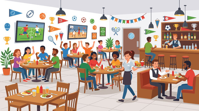 People eating and watching sports games on tv in a restaurant or bar with a waiter