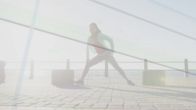 Woman using block and starting promenade fitness warm-up, shifting into long lunges for mobility