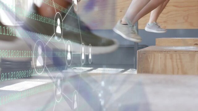 3 women starting shallow squat, stepping onto plyo boxes for fitness with binary overlay near feet