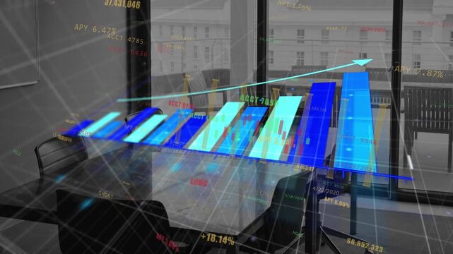 Meeting table being visualized by grid lines appearing bars emerging arrow sweeping to show growth
